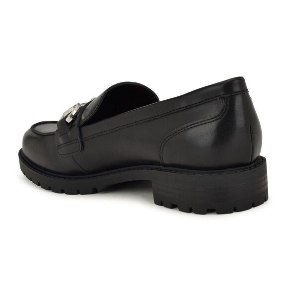 Nine West Chunky Lug Sole Metal Chain Faux Black Leather Platform Loafers US 7 - Picture 3 of 6